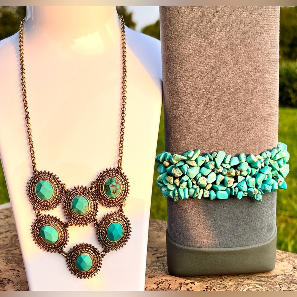 Lucky Brand Faceted Turquoise Necklace Statement Pendant Multiband Chip Bracelet